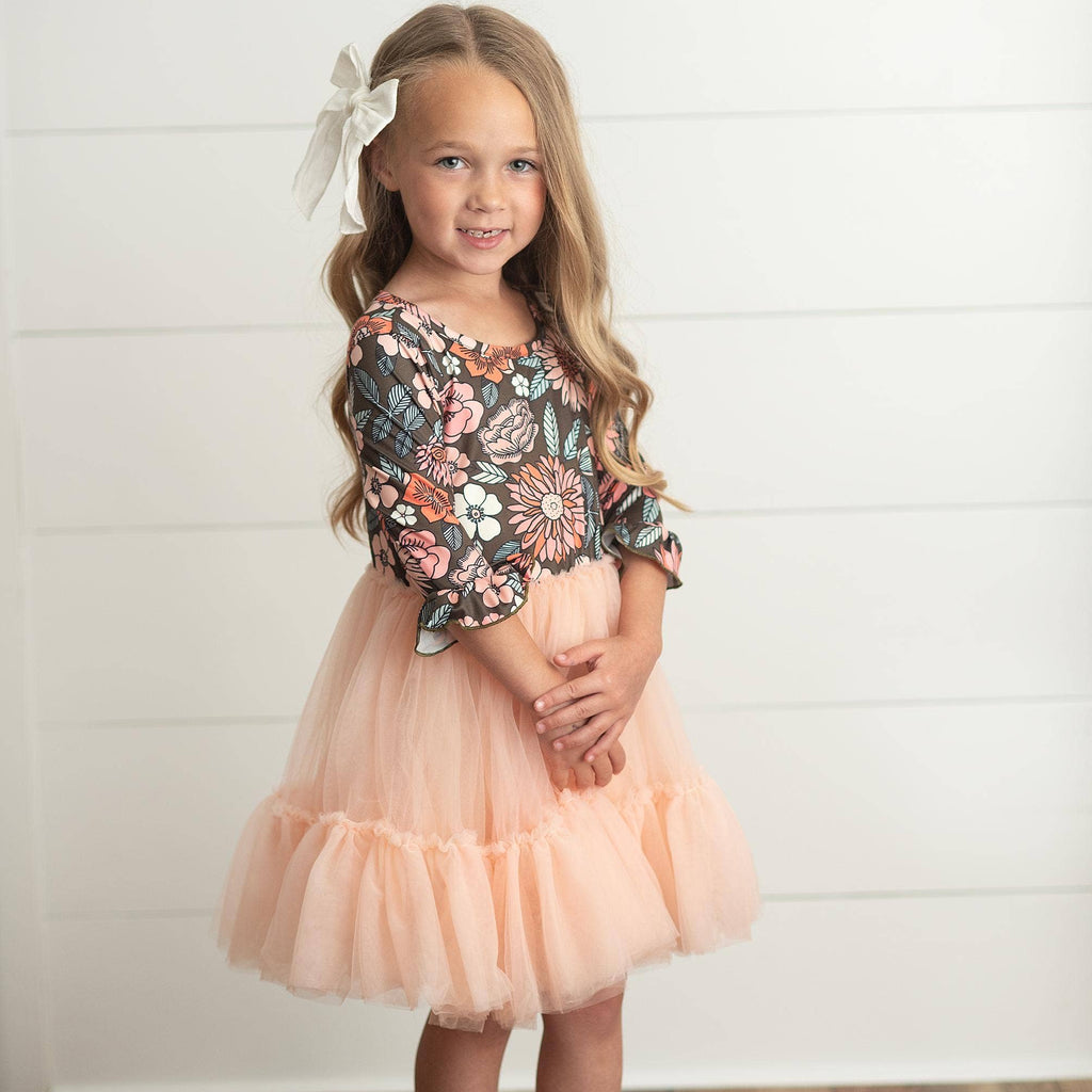 Kids Brown & Peach Vintage Floral Tulle Fall Dress-Oopsie Daisy-Joannas Cuties