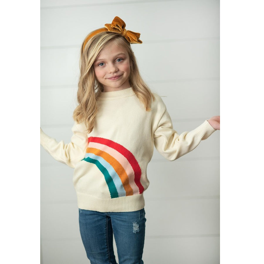 Kids Cream Ivory Rainbow Crew Neck Fall Winter Sweater-CARDIGANS & SWEATERS-Oopsie Daisy-Joannas Cuties