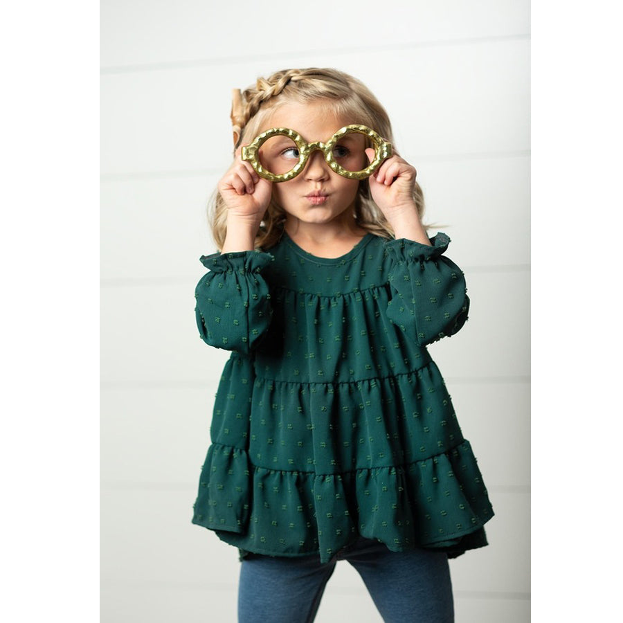 Kids Dark Green 3 Tiered Swiss Dot Fall Winter Shirt-TOPS-Oopsie Daisy-Joannas Cuties