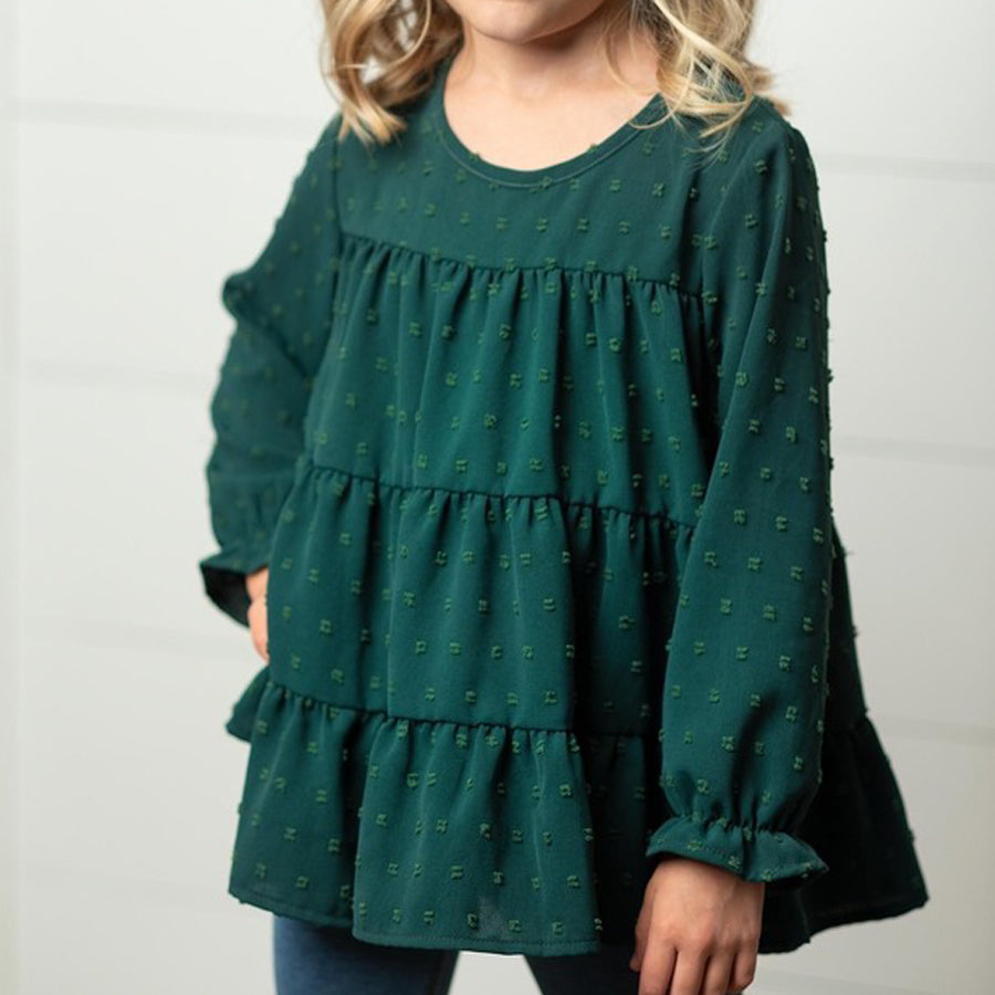 Kids Dark Green 3 Tiered Swiss Dot Fall Winter Shirt-TOPS-Oopsie Daisy-Joannas Cuties