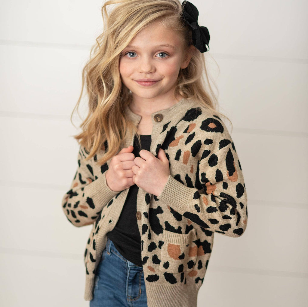 Kids Leopard Button Pocket Cardigan Fall Winter Sweater