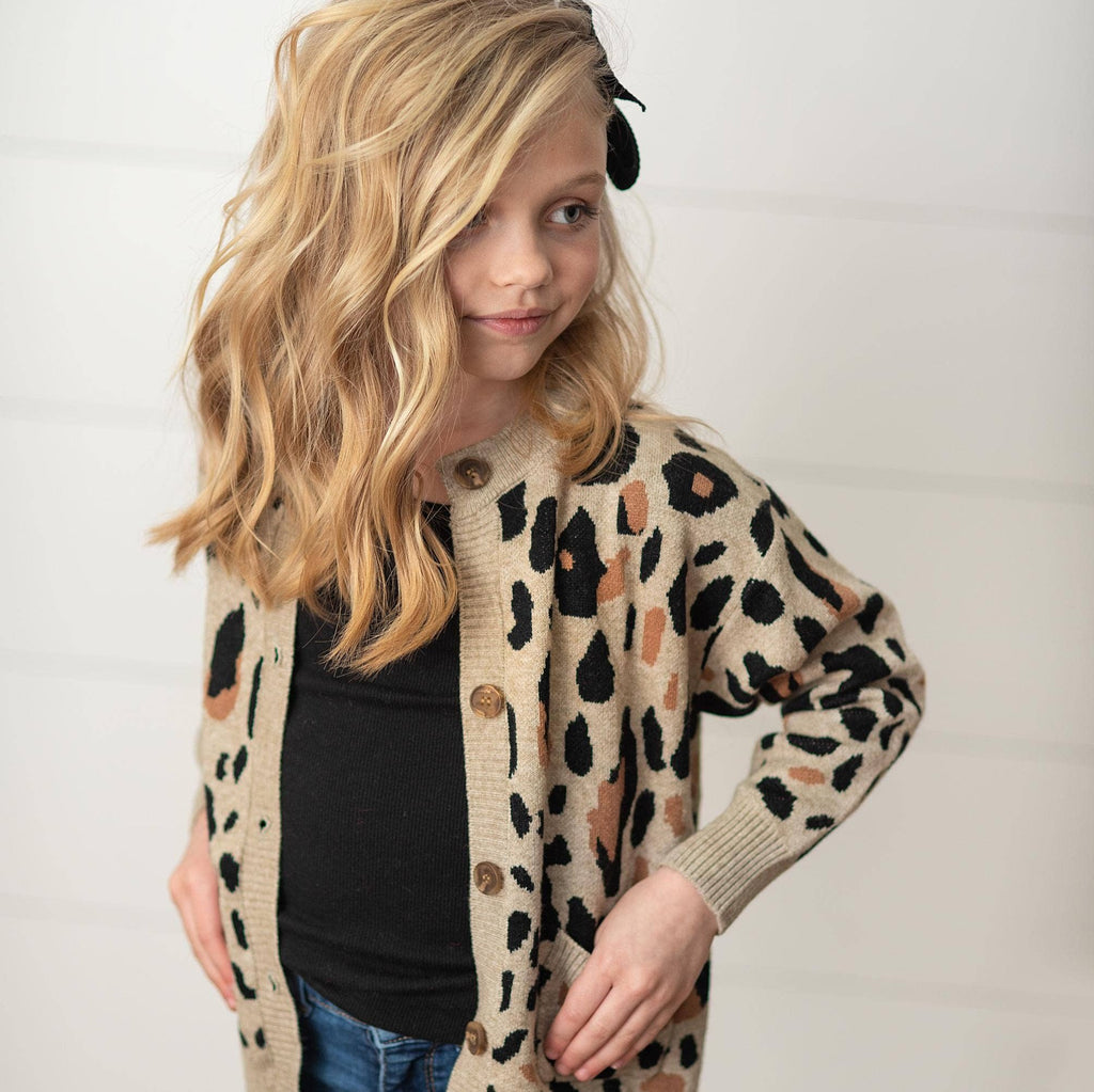 Kids Leopard Button Pocket Cardigan Fall Winter Sweater