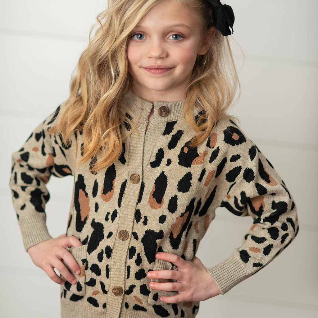 Kids Leopard Button Pocket Cardigan Fall Winter Sweater