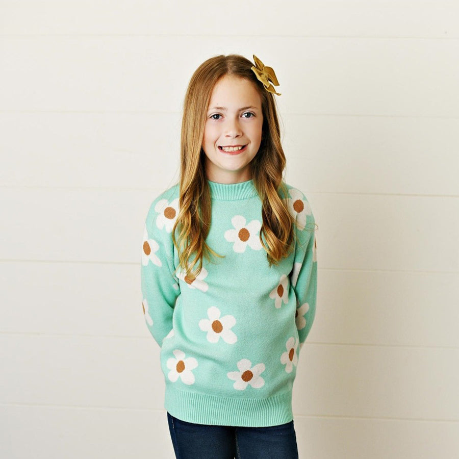Kids Mint Teal Flower Crew Neck Fall Winter Sweater-CARDIGANS & SWEATERS-Oopsie Daisy-Joannas Cuties