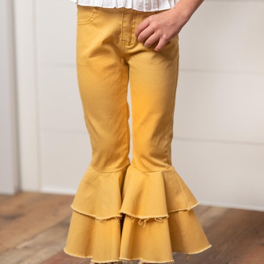 Kids Mustard Double Ruffle Spring Jeans-BOTTOMS-Oopsie Daisy-Joannas Cuties