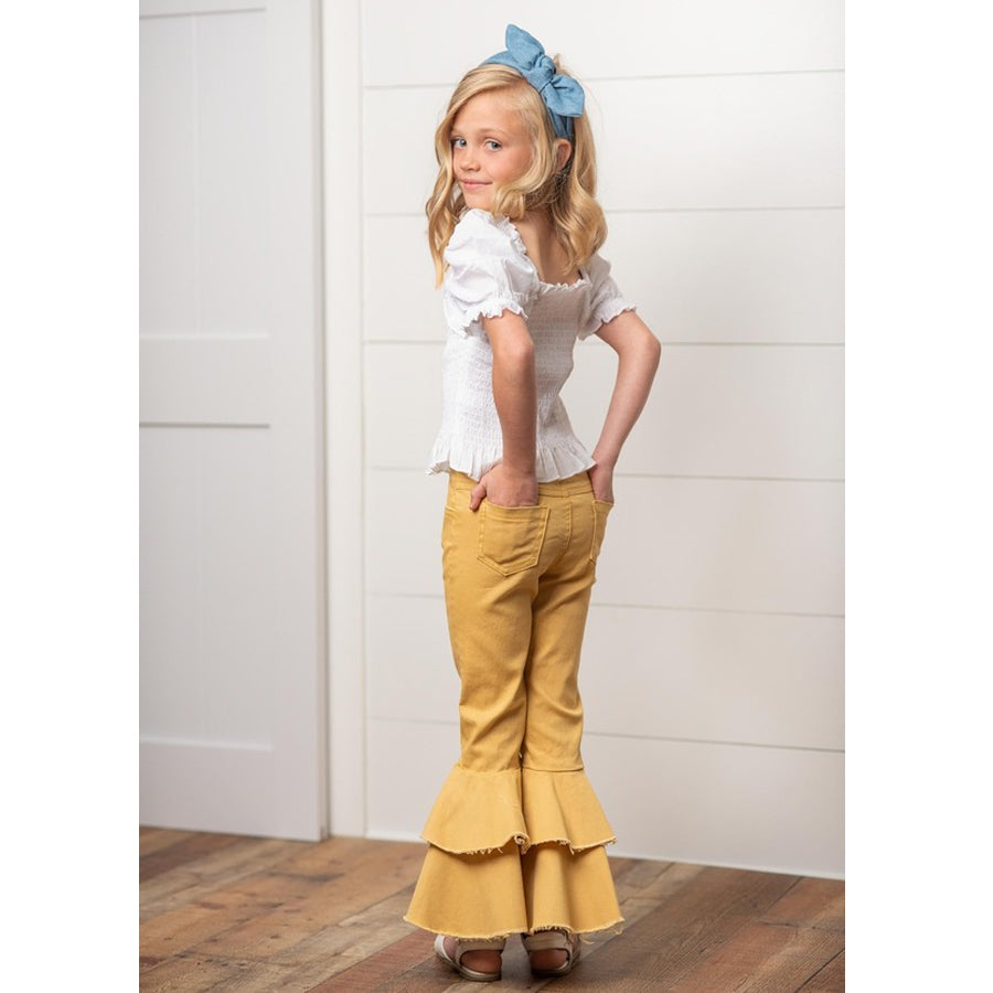 Kids Mustard Double Ruffle Spring Jeans-BOTTOMS-Oopsie Daisy-Joannas Cuties