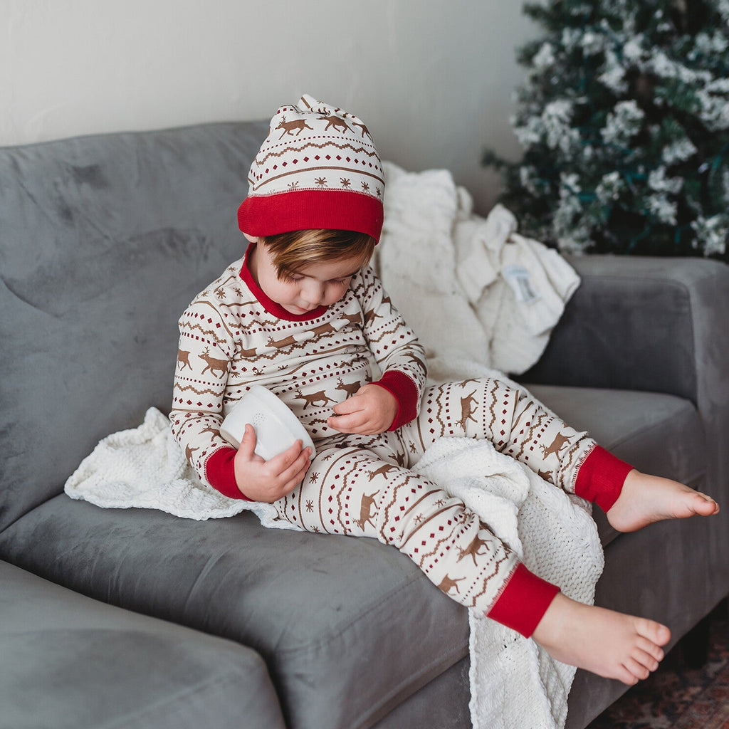 Kids' Organic Holiday PJ & Cap Set in Fair Isle Rudolph