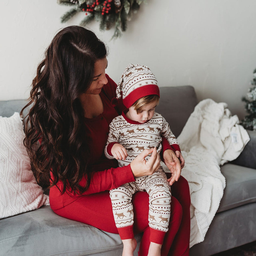 Kids' Organic Holiday PJ & Cap Set in Fair Isle Rudolph