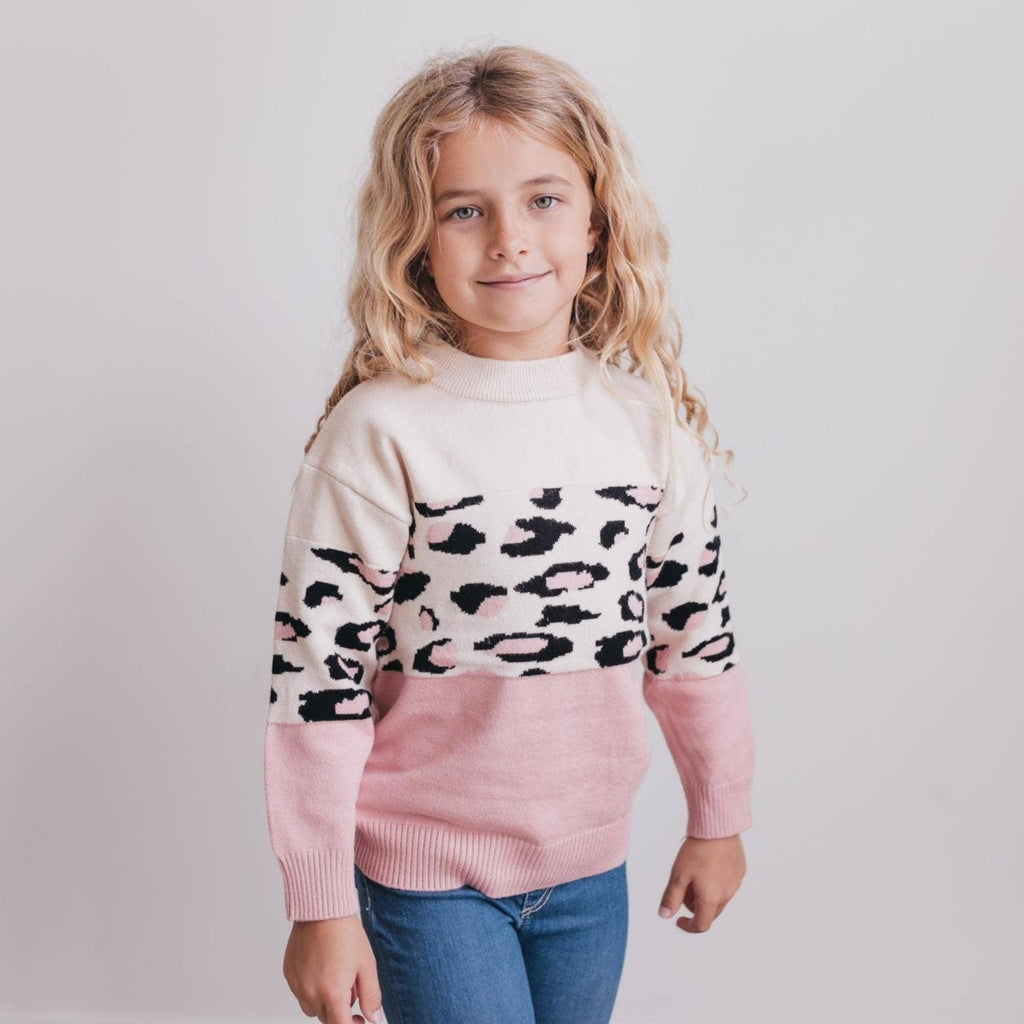 Kids Pink Cream Leopard Crew Neck Fall Winter Sweater