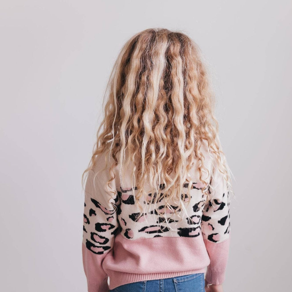 Kids Pink Cream Leopard Crew Neck Fall Winter Sweater