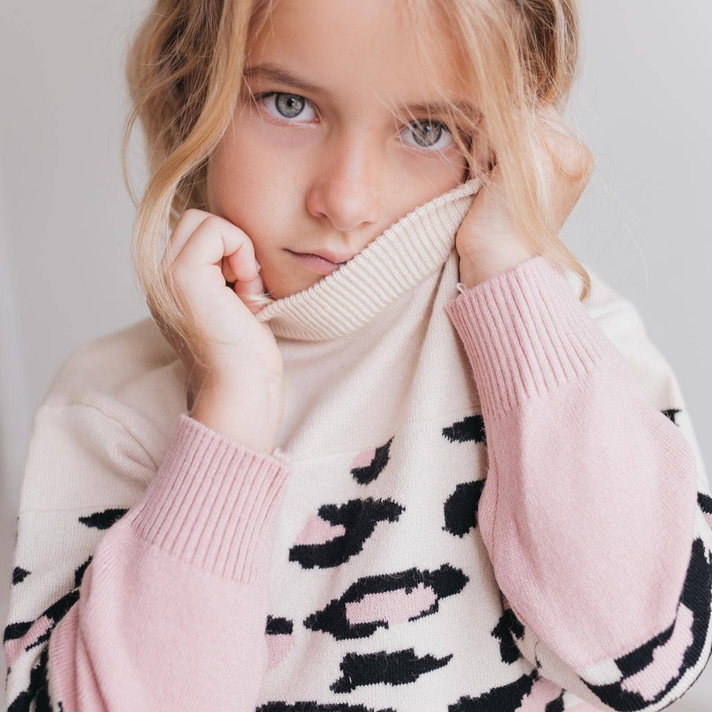 Kids Pink Cream Leopard Crew Neck Fall Winter Sweater