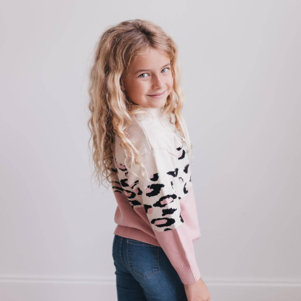 Kids Pink Cream Leopard Crew Neck Fall Winter Sweater