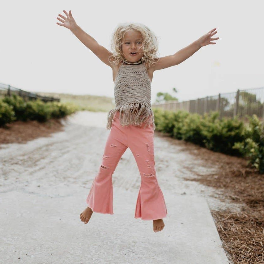 Kids Pink Distressed Denim Jean Flare Pants-Oopsie Daisy-Joannas Cuties