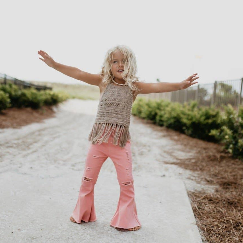 Kids Pink Distressed Denim Jean Flare Pants-Oopsie Daisy-Joannas Cuties