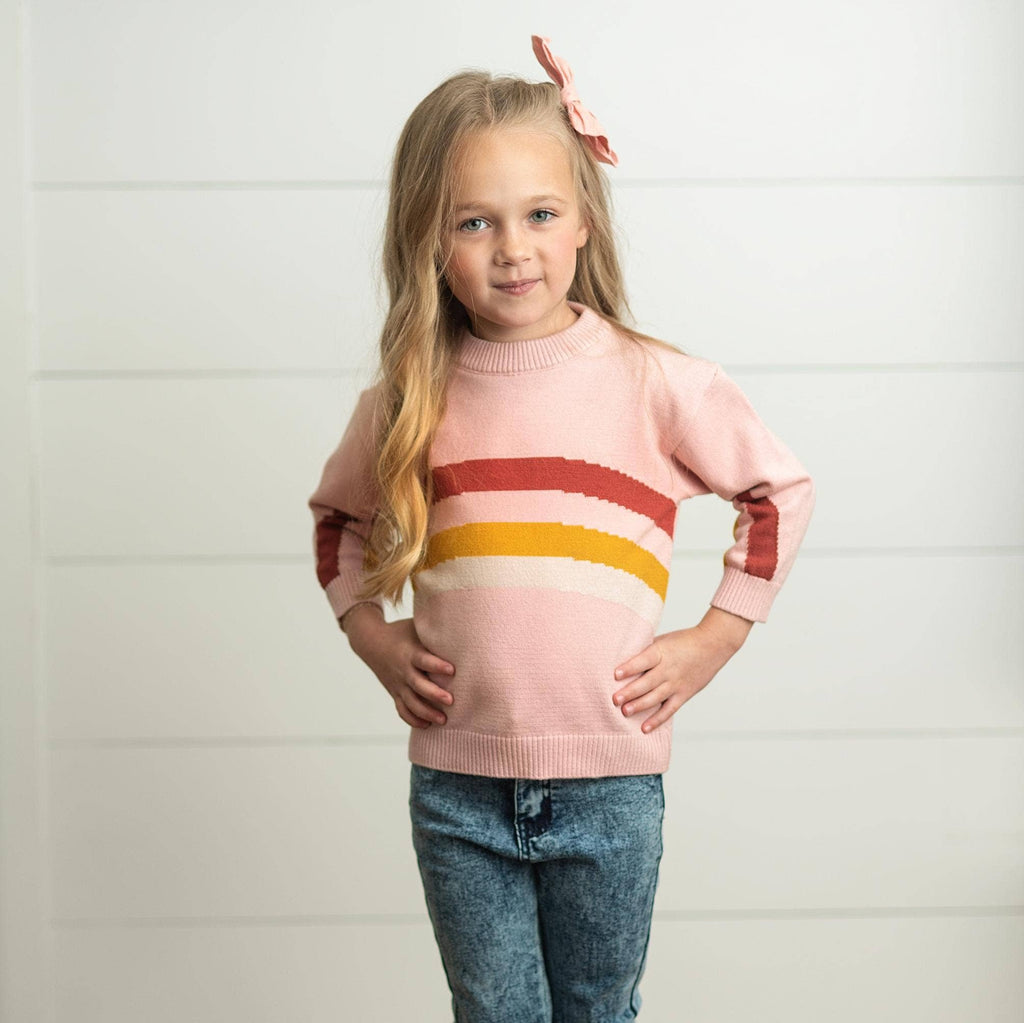 Kids Pink Rainbow Crew Neck Fall Winter Sweater