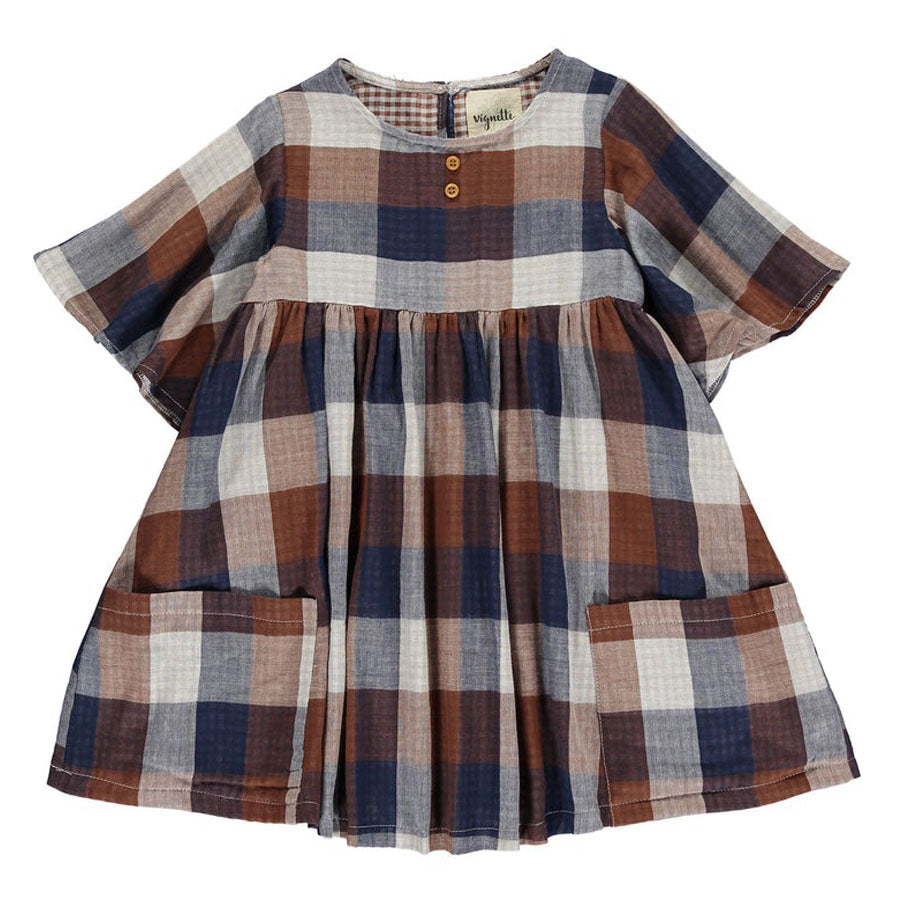 brown plaid baby dress In Stock E37-04-01）Girls Fall Plaid Cotton Dress