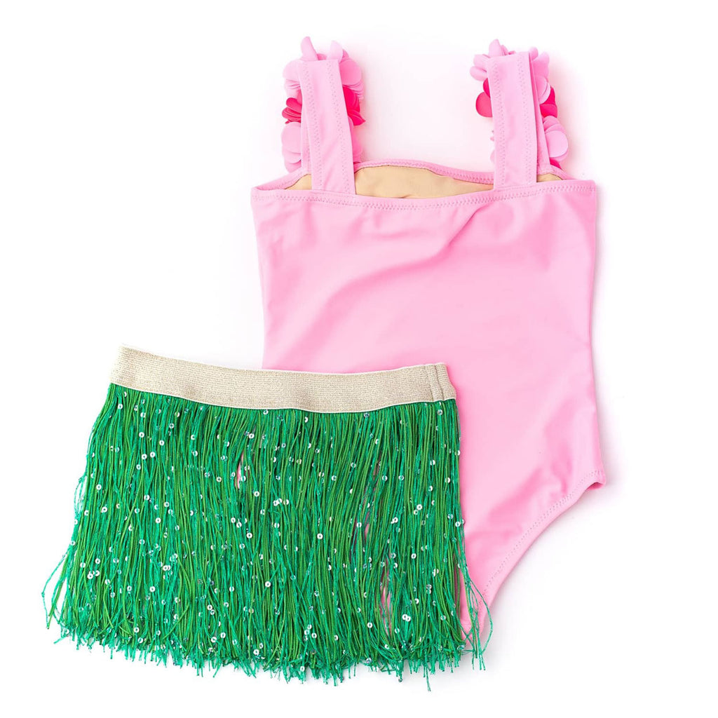 Light Pink Girls Hula Girl Lei One Piece & Fringe Skirt Swim Set