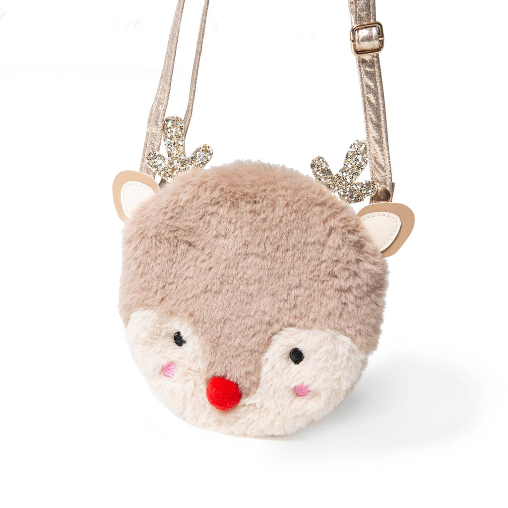 Fluffy deer-shaped crossbody bag with antlers on a white background