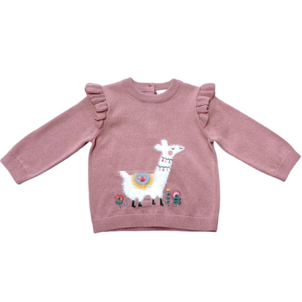 Llama Ruffle Baby Girl Pullover Sweater (Organic Cotton)-Viverano Organics-Joannas Cuties
