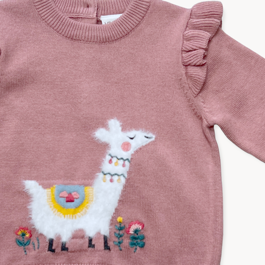 Llama Ruffle Baby Girl Pullover Sweater (Organic Cotton)-Viverano Organics-Joannas Cuties