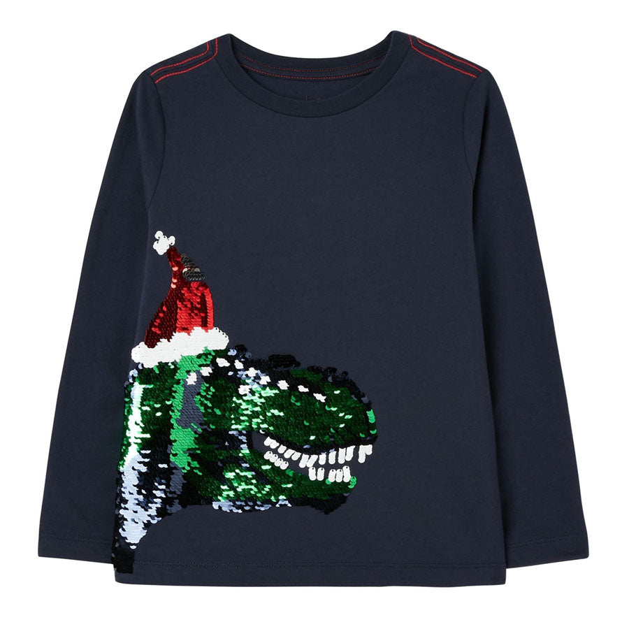 Long Sleeve 2 Way Sequin Christmas Dinosaur T-Shirt-TOPS-Joules-Joannas Cuties