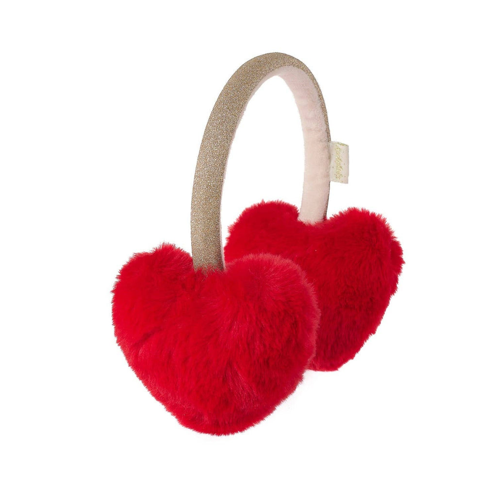 Red heart-shaped earmuffs with beige headband on a white background