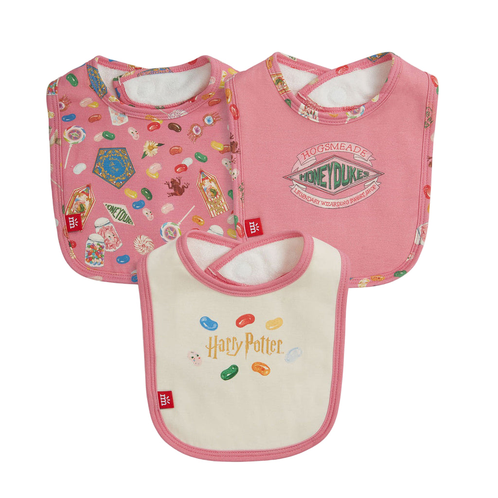 Two pink baby bibs with Harry Potter designs on a white background