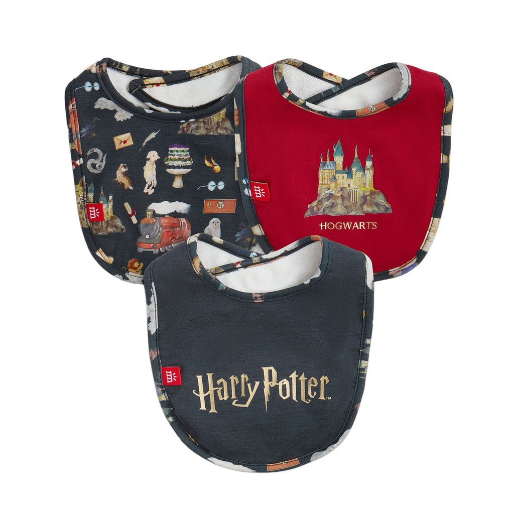 Three Harry Potter-themed baby bibs on a white background