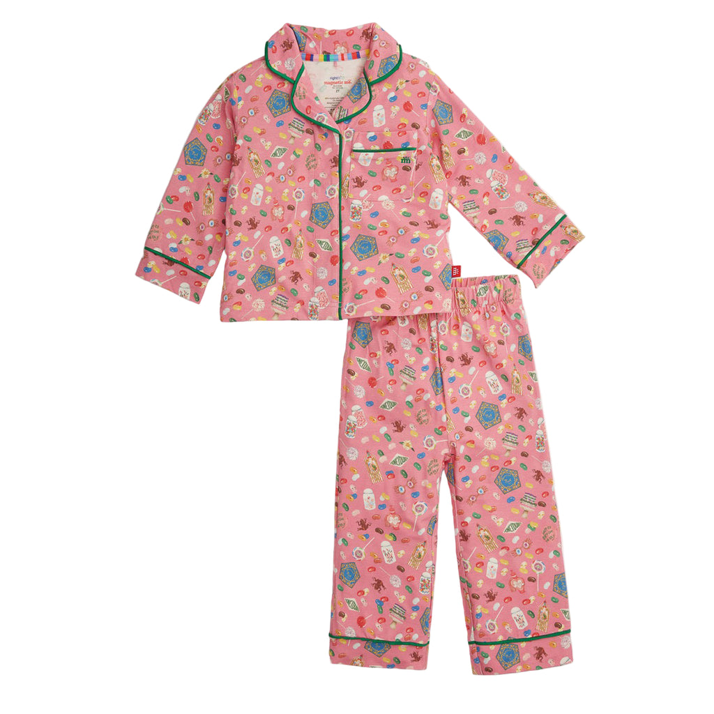 Children's pink pajama set with a pattern on a white background