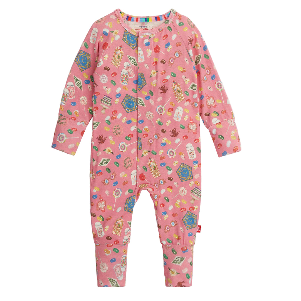 Pink children's onesie with colorful pattern on a white background