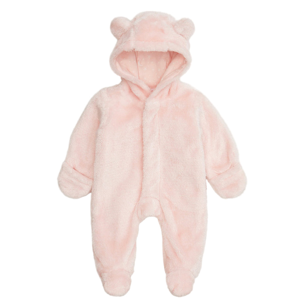 Pink baby snowsuit with bear ears on a white background
