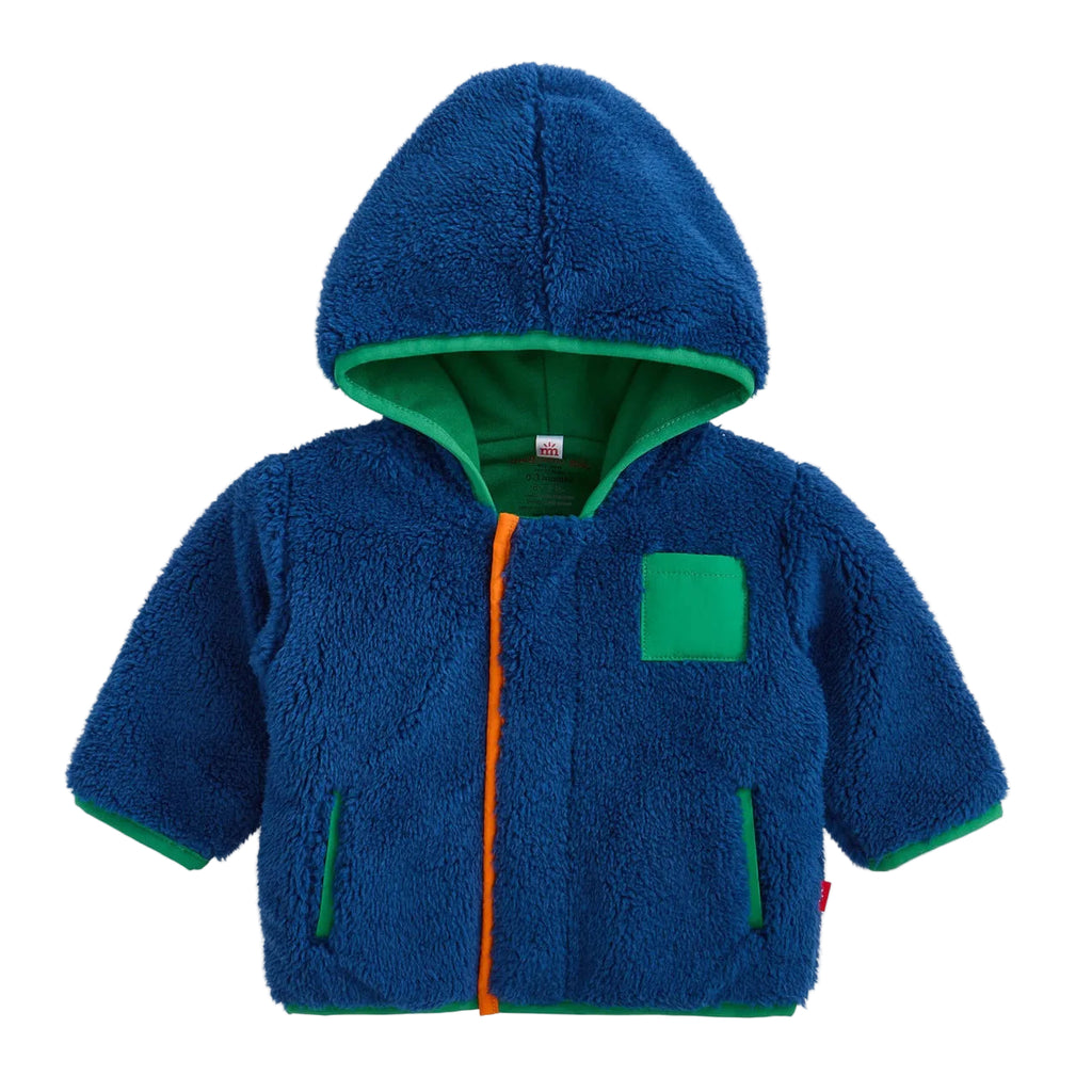 Blue children's fleece jacket with green lining on a white background