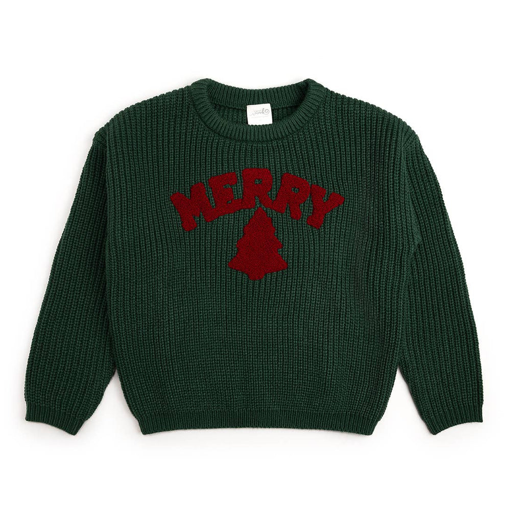 Green sweater with 'Merry' and a red bell design on a white background