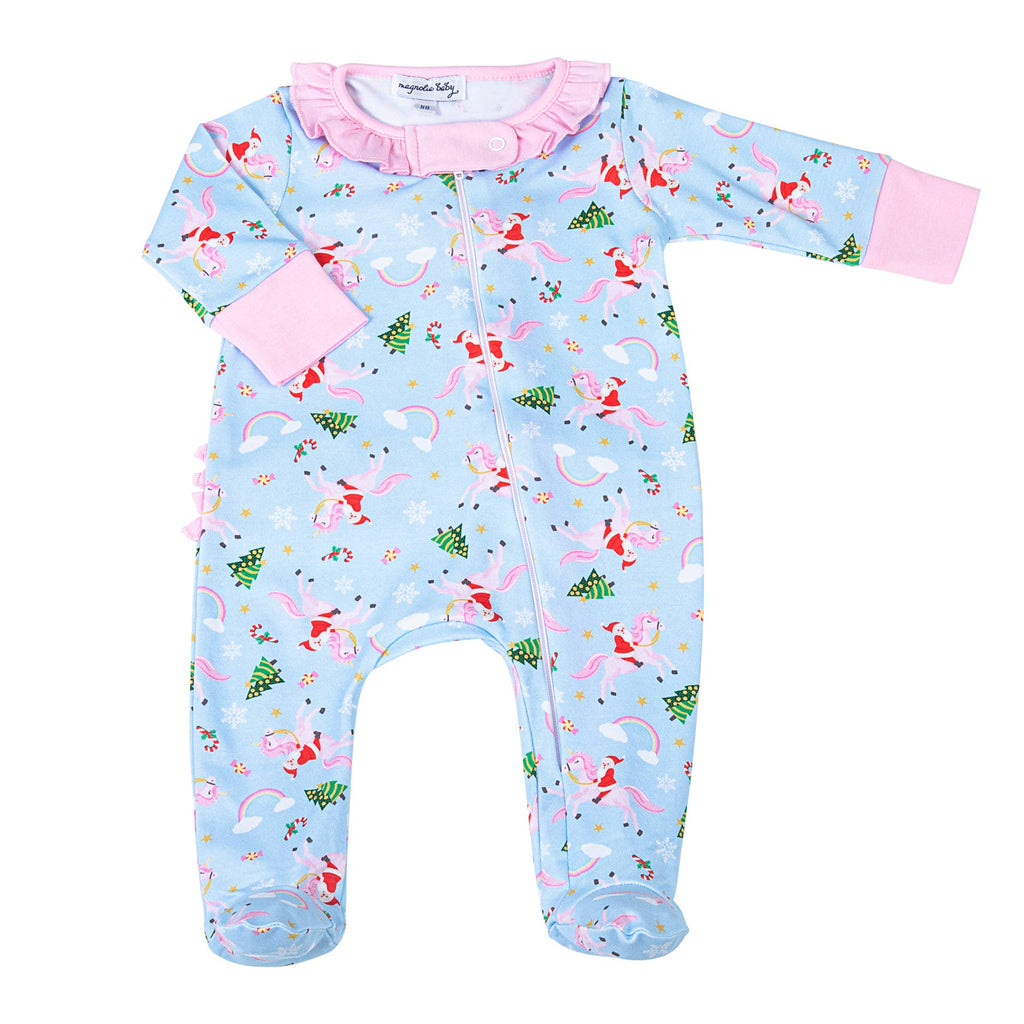 Merry Unicorn Pink Printed Ruffle Zipper Footie