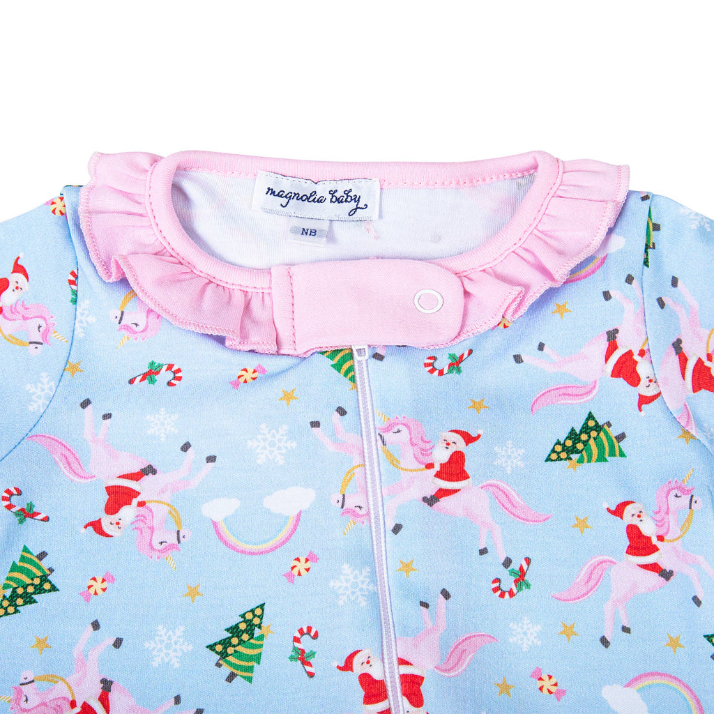 Merry Unicorn Pink Printed Ruffle Zipper Footie