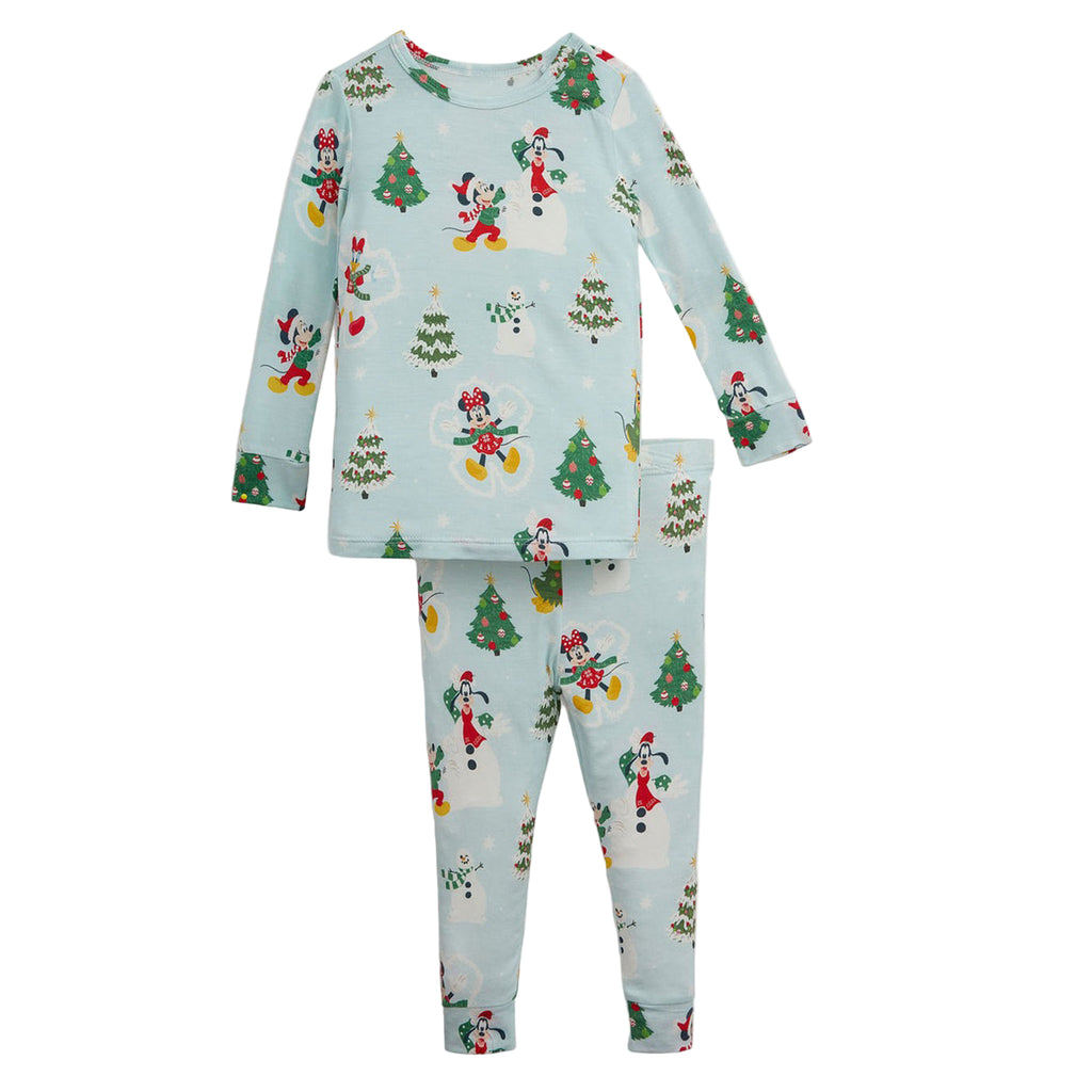 Children's pajama set with Christmas-themed design on a light blue background