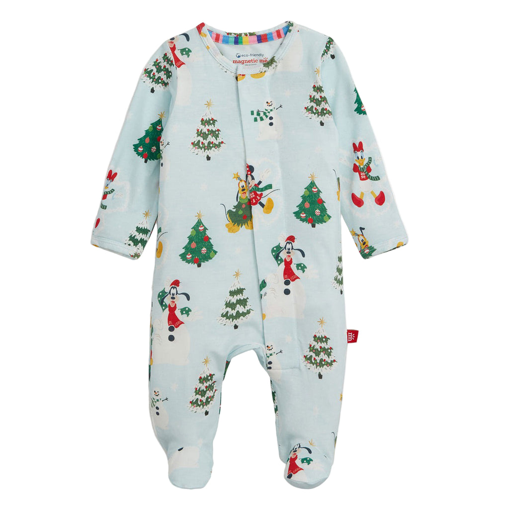 Baby onesie with Christmas tree and reindeer pattern on a light blue background