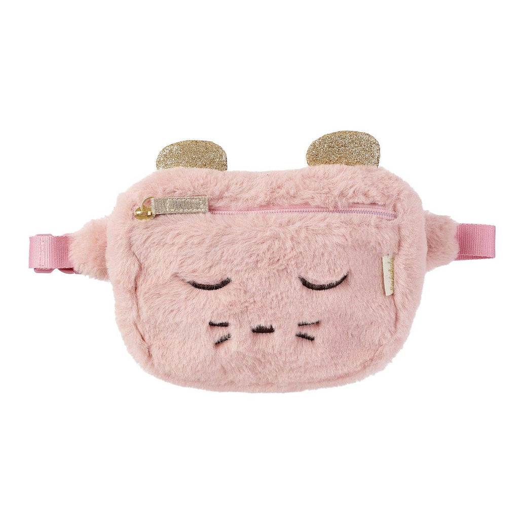 Pink plush fanny pack with gold accents on a white background