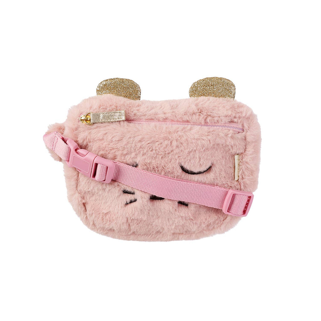 Pink plush bag with a face design on a white background