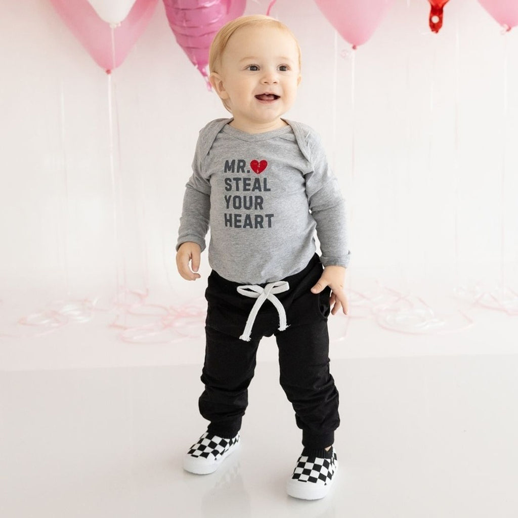 Mr. Steal Your Heart Valentine's Day Long Sleeve Bodysuit - Gray