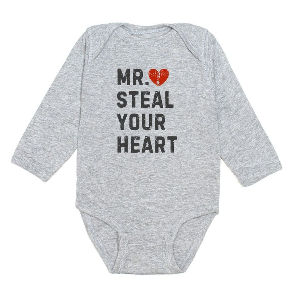 Mr. Steal Your Heart Valentine's Day Long Sleeve Bodysuit - Gray