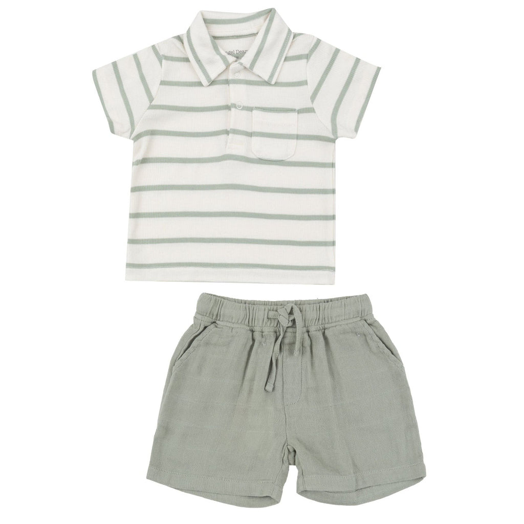 Muslin Short And Polo Shirt Set - Desert Sage Solid Muslin-OUTFITS-Angel Dear-Joannas Cuties