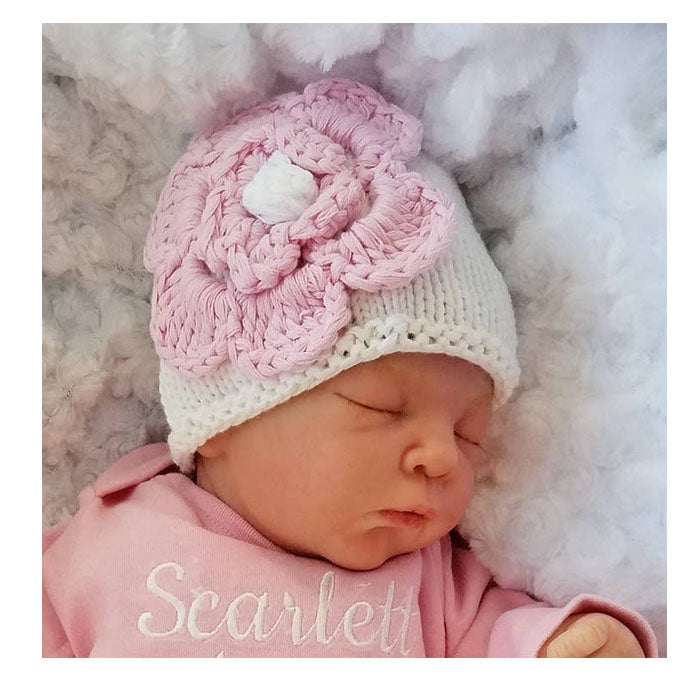 Newborn White with Pink Flower Beanie Hat - Main Image