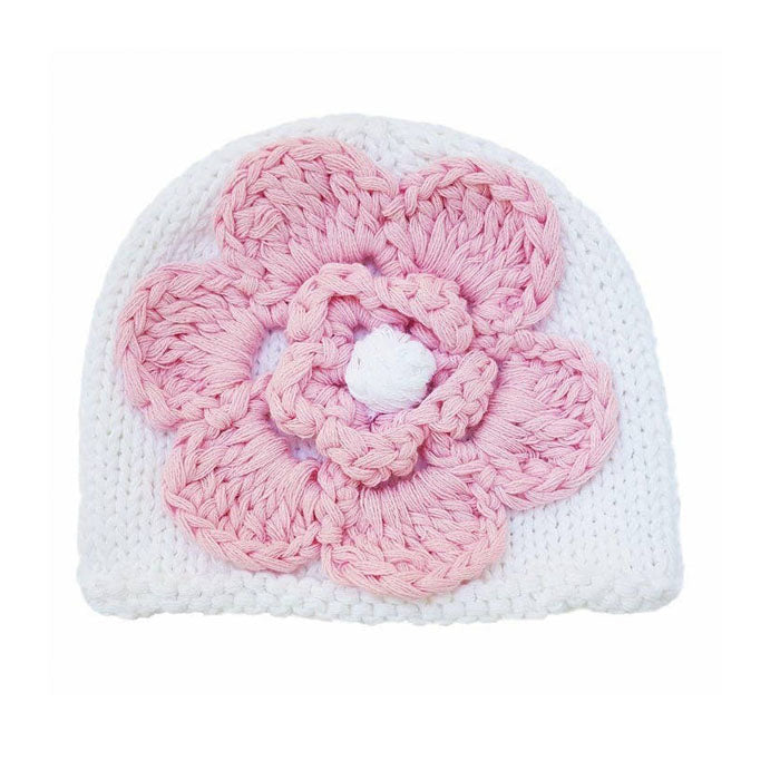 Newborn White with Pink Flower Beanie Hat-HATS & SCARVES-Huggalugs-Joannas Cuties