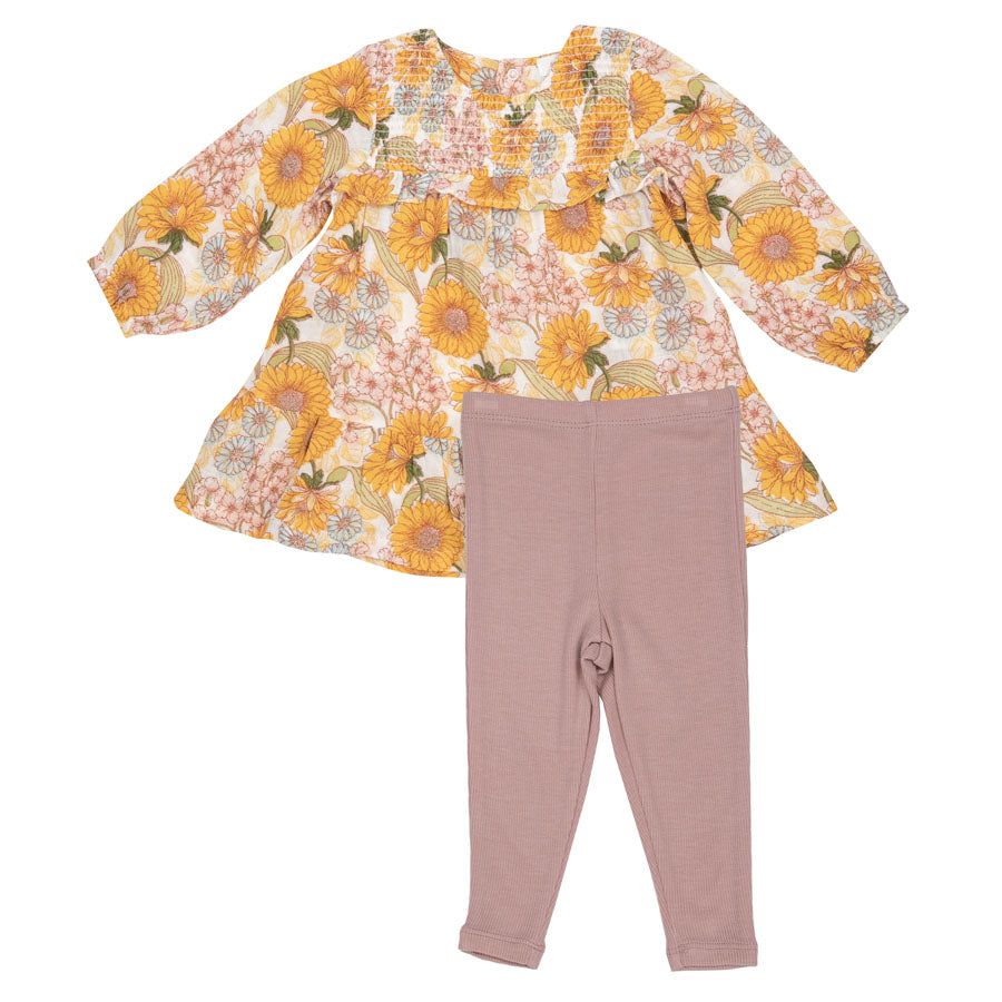 Organic Smocked Ruffle Tiered Dress And Legging - Sunflower Child-DRESSES & SKIRTS-Angel Dear-Joannas Cuties