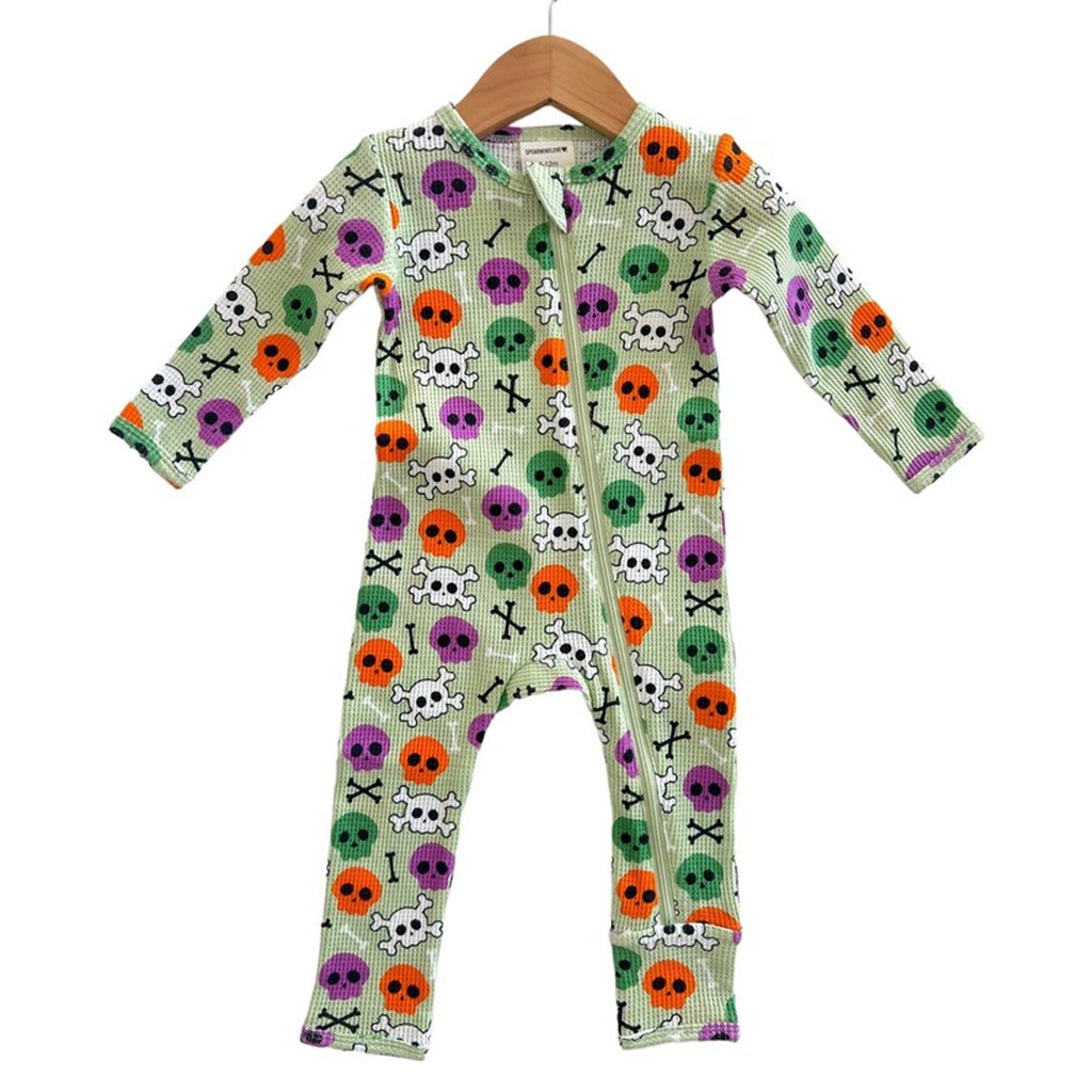 Organic Waffle Basic Zip Romper, Candy Skulls Green