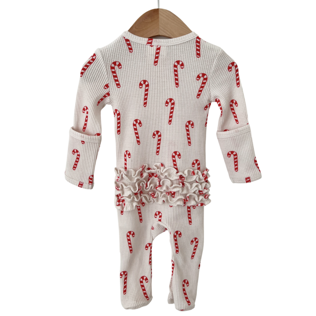 Organic Waffle Ruffle Zip Footie - Candy Cane