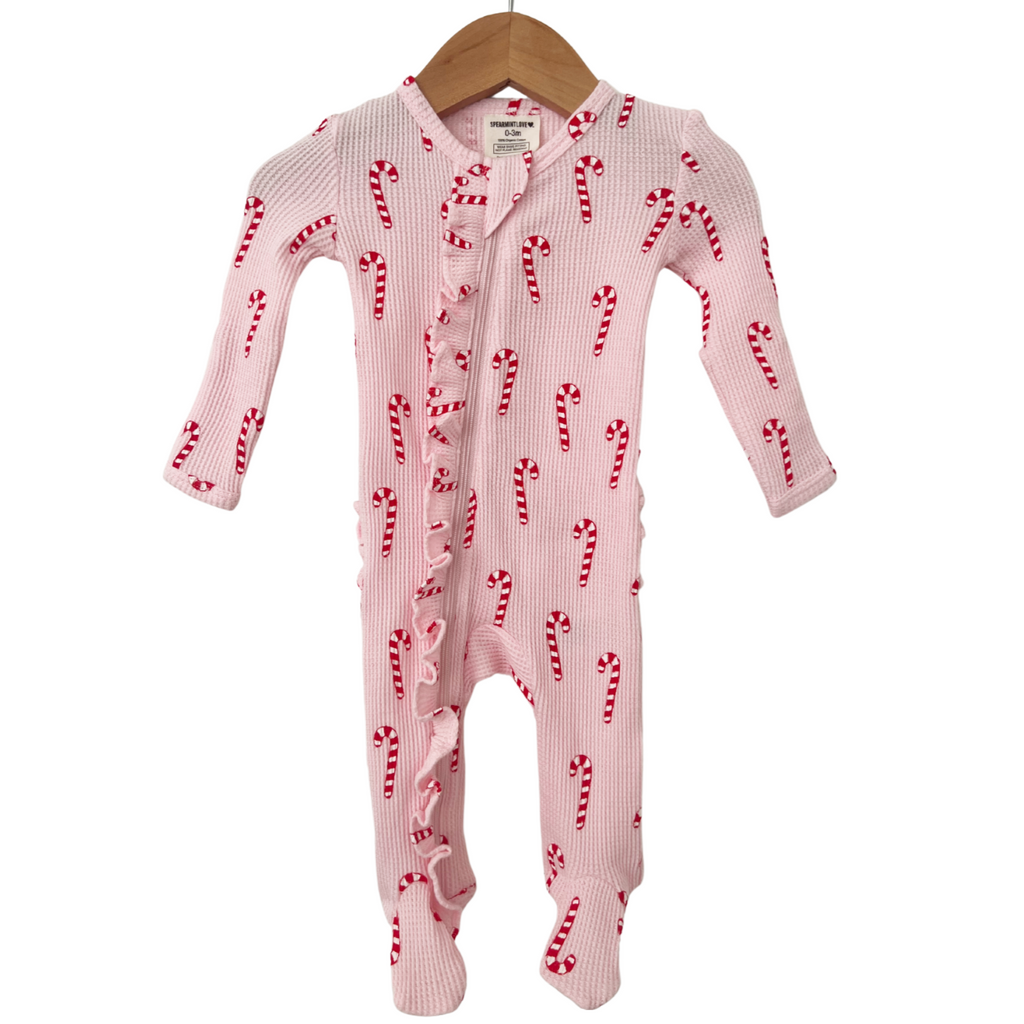 Organic Waffle Ruffle Zip Footie - Pink Candy Cane