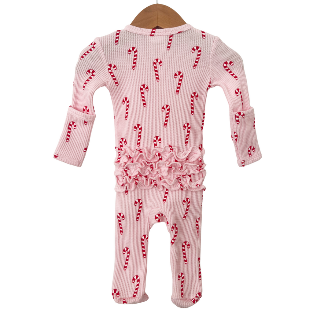 Organic Waffle Ruffle Zip Footie - Pink Candy Cane