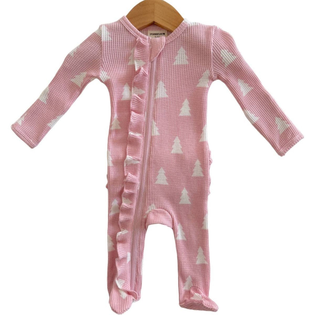 Organic Waffle Ruffle Zip Footie - Pink Christmas Trees